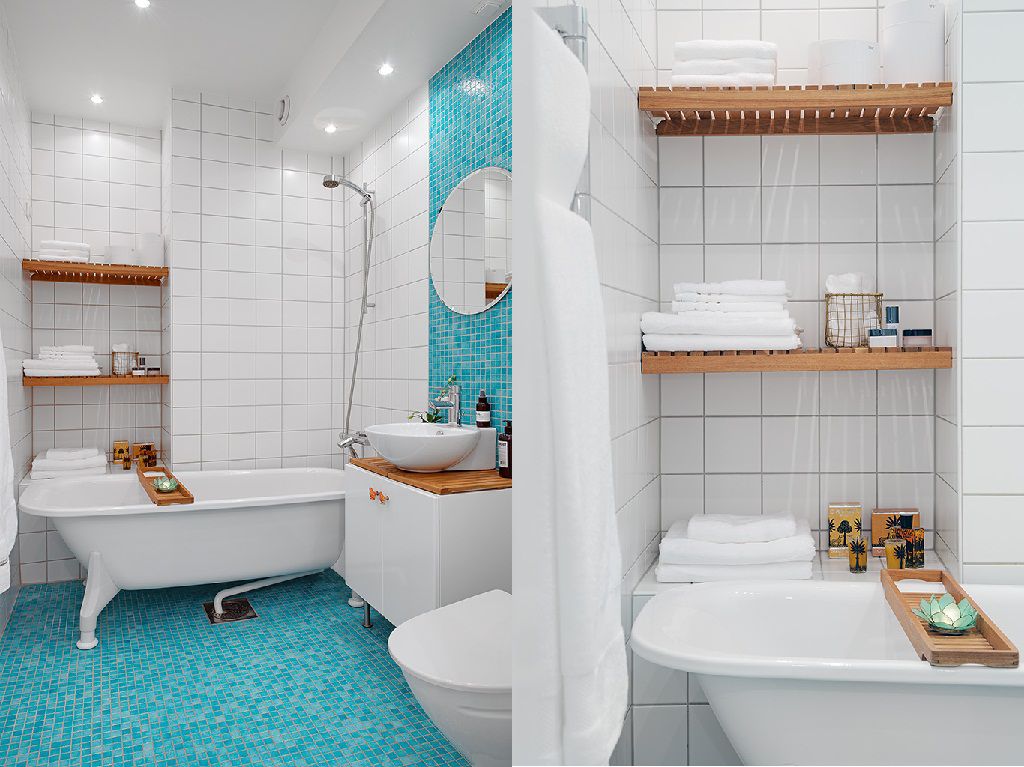 Phòng tắm thực sự đem lại cảm giác thư thái, tươi mát với sắc xanh biển hút mắt