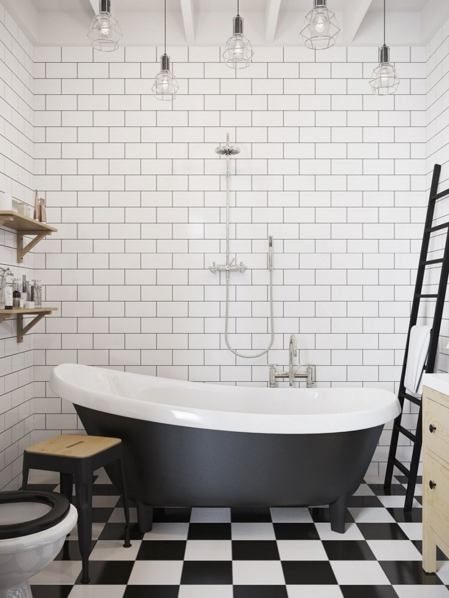 Nhà tắm được thiết kế vừa mang màu sắc cổ điện vừa mang nét hiện đại với 2 gam màu đối lấp đen – trắng.