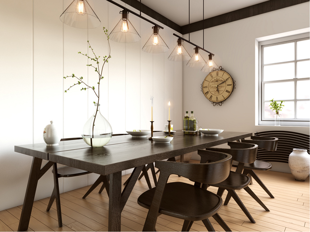 Và cuối cùng, ý tưởng này thể hiện sự thống trị của gỗ với gam màu đậm, sắc nét. Bộ bàn ăn cổ điển, hài hòa với phong cách chung của căn phòng. Và sắc trắng của bức tường lúc này đóng vai trò làm tôn lên vẻ đẹp của màu gỗ.