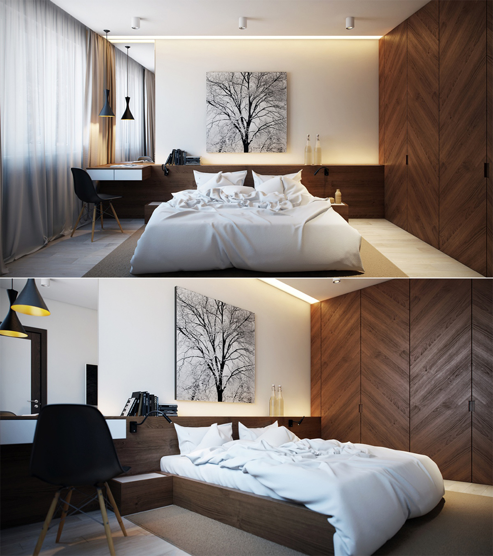 Phòng ngủ  với đồ nội thất chủ đạo bằng gỗ hiện đại.