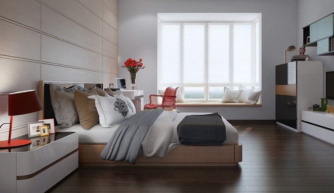11. Lấy chủ đề là gỗ. Ở không gian phòng ngủ này gỗ được tận dụng để sử dụng ở chất liệu sàn nhà, tường và các đồ nội thất trệt.
